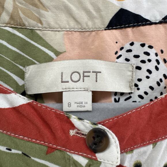 Ann Taylor Shirt Dress Womens 8 Beige Red Button Front Crew Cap Sleeve Belt - Picture 2 of 13